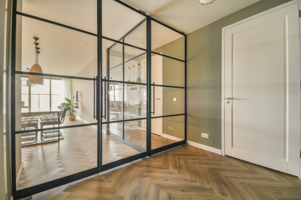 Dining area behind glass doors