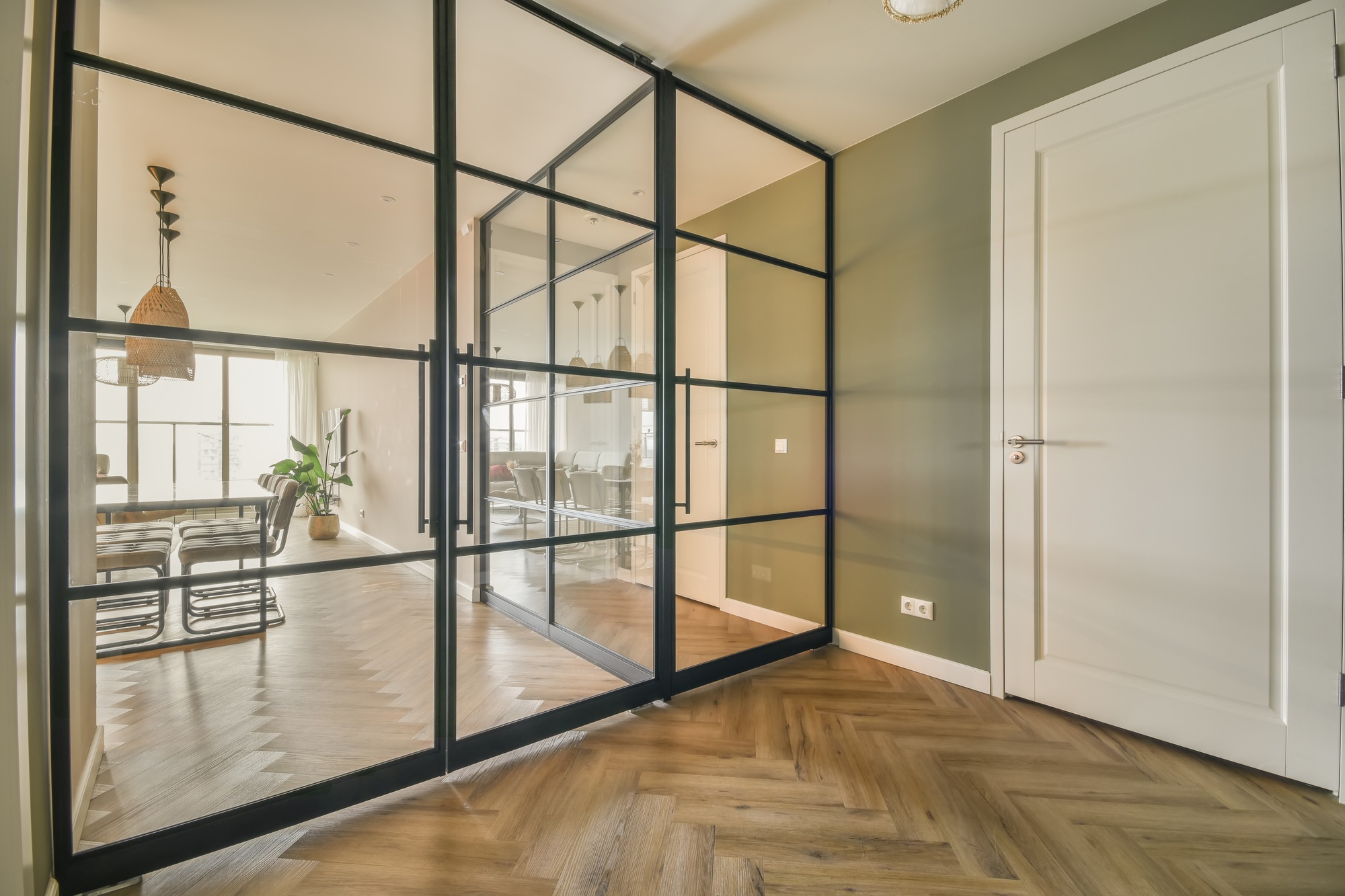 Dining area behind glass doors
