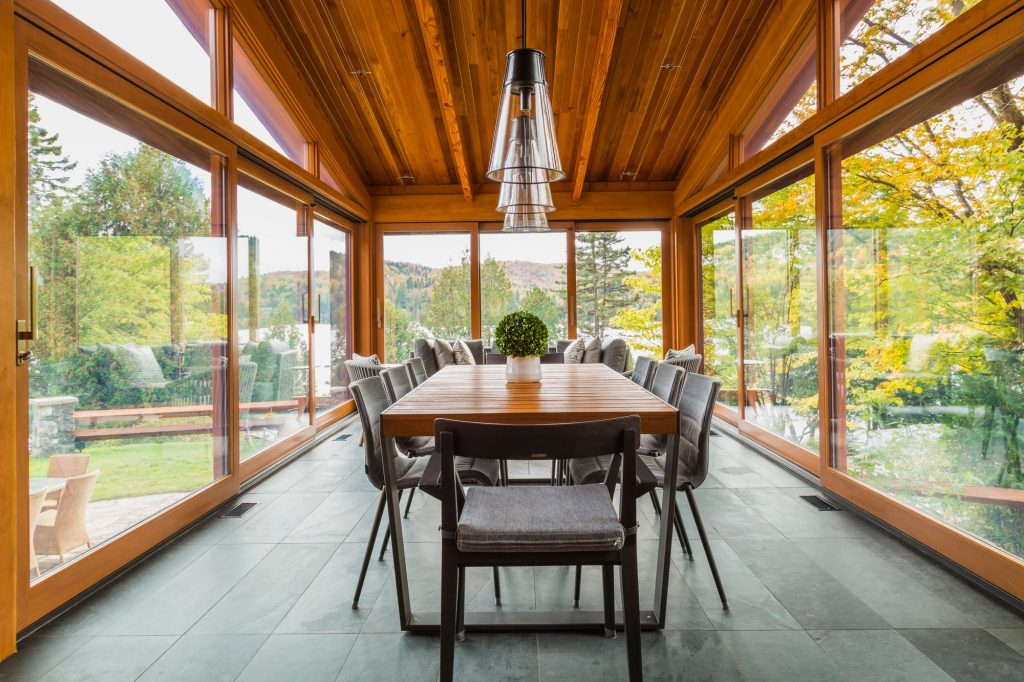 Dining table in gazebo of luxurious cedar wood home