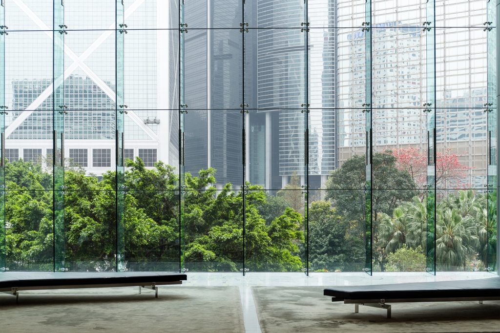 Modern glass wall of office building